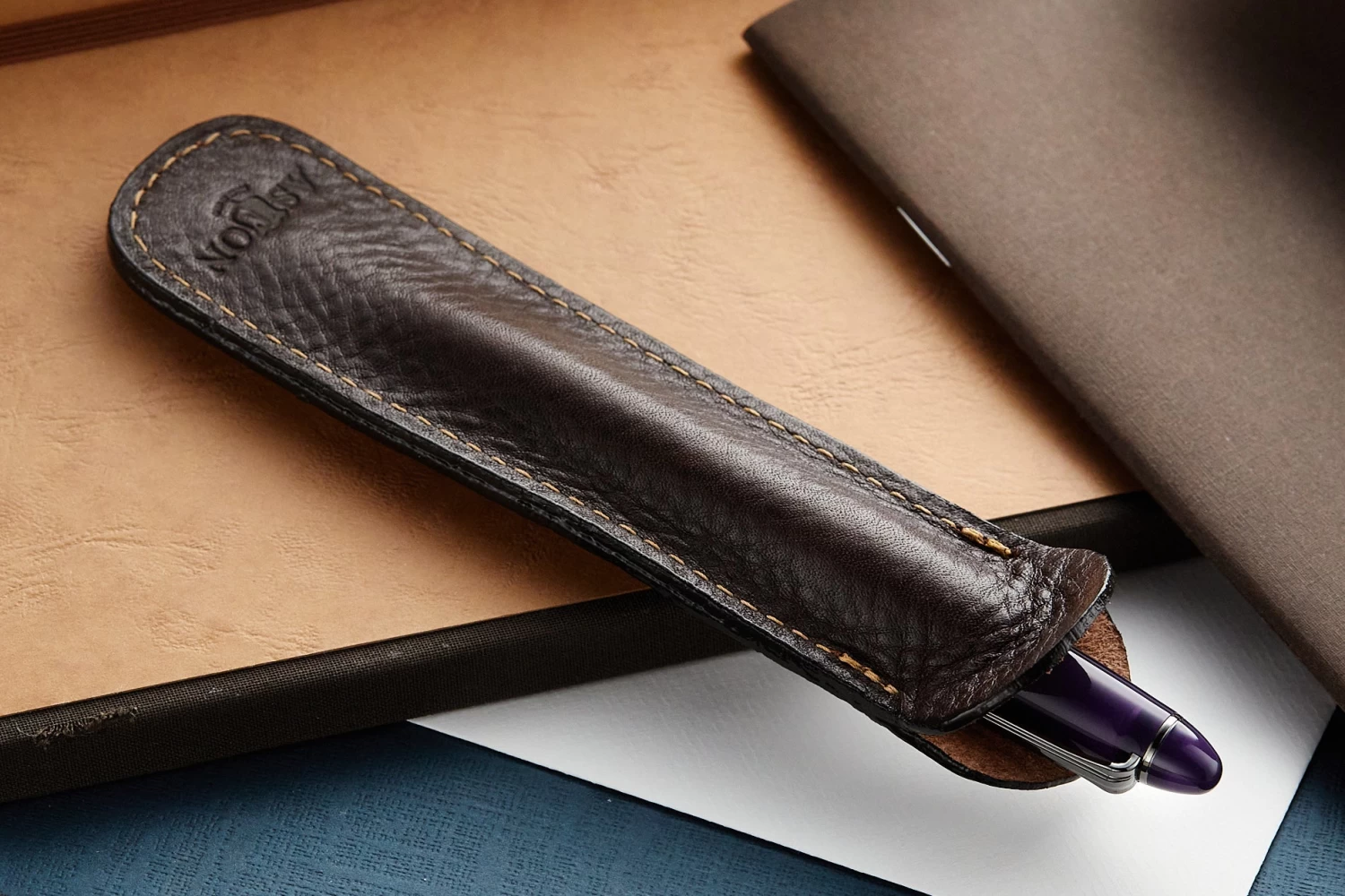 Aston Leather Single Slip Pen Pouch - Dark Brown - Image 3
